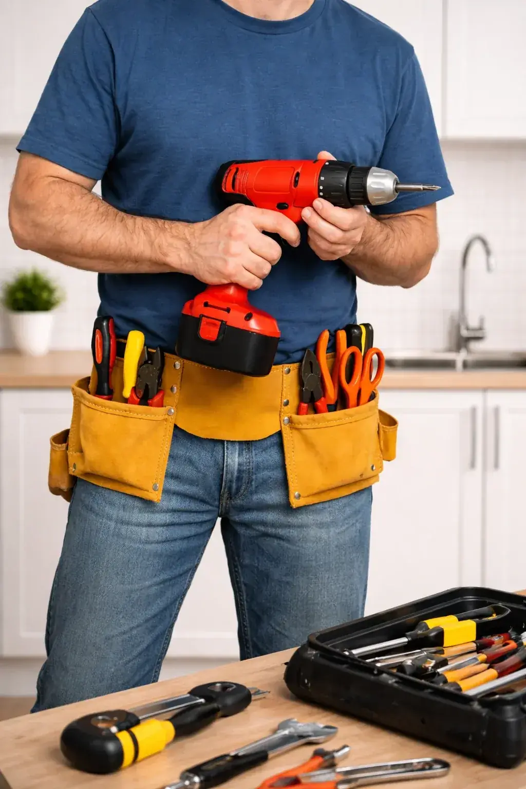Profissional da ES Serviços com furadeira e cinto de ferramentas