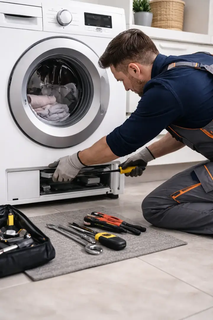 Técnico consertando uma máquina de lavar roupa